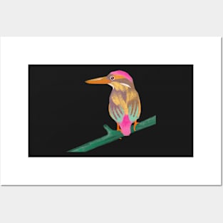 Kingfisher illustration pink, yellow, green colored bird Posters and Art